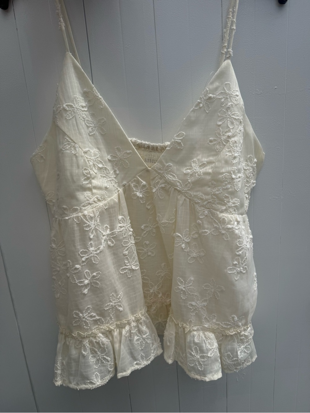 Lace-Embroidered Ruffle Hem Spaghetti Strap Top - Cream